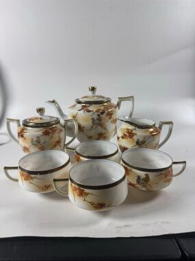 Porcelain Bird & Floral Tea Set with Gold Trim